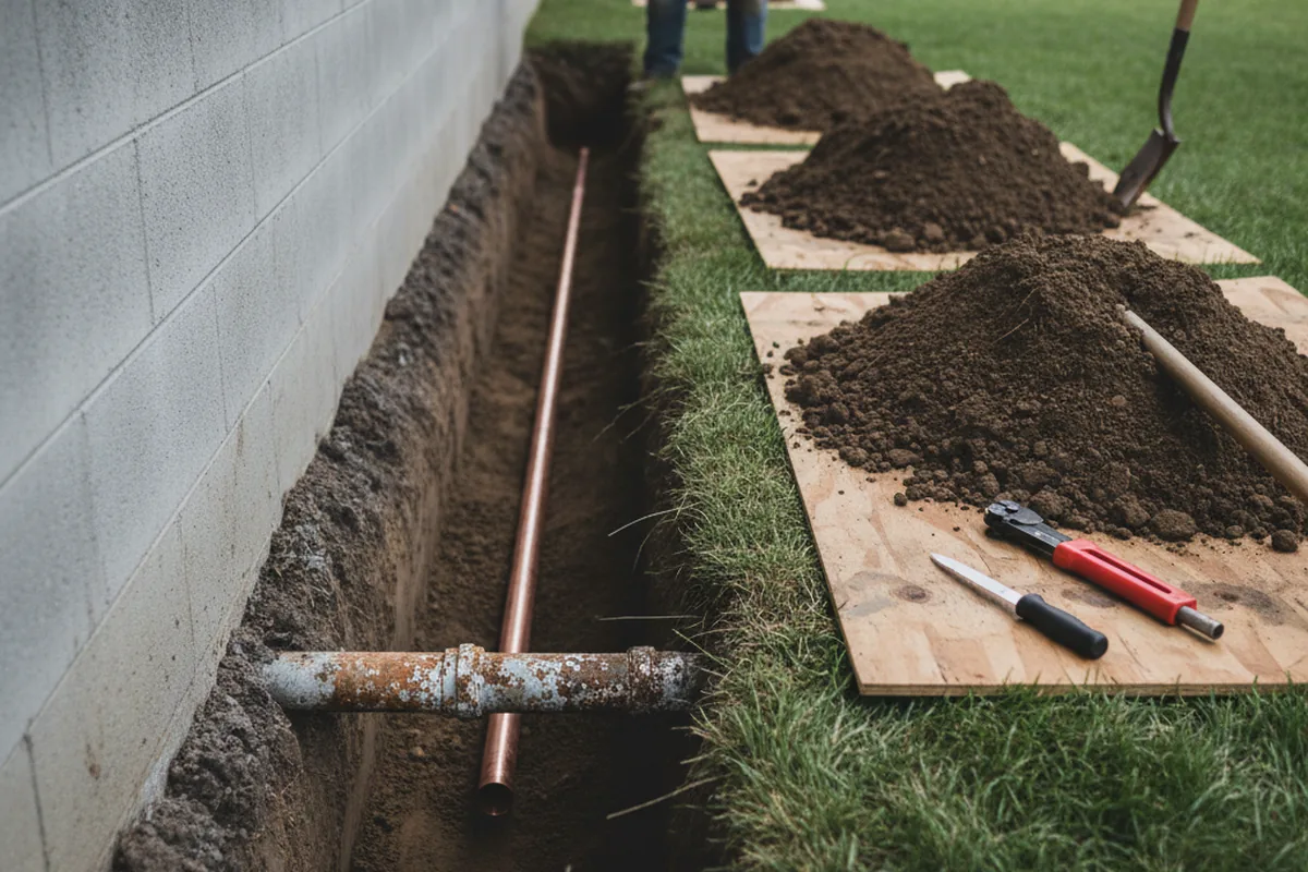 Excavated water line trench during Water Softener Installation in Utica